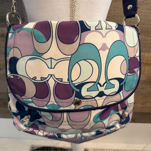 Coach Kyra Daisy Scarf Signature Turquoise Purple Teal Grey Messenger Crossbody - Picture 1 of 16